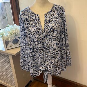 Collective Concepts royal blue white floral long sleeve tie waist blouse Sz XL